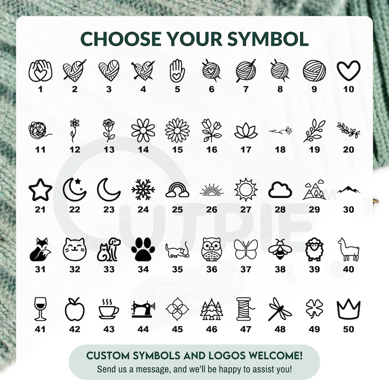 Op de afbeelding: Een grafiek met 50 verschillende symbolen, waaronder harten, sterren, bloemen, dieren en meer. De grafiek is gelabeld "Kies je symbool" en bevat de nummers 1 tot en met 50.