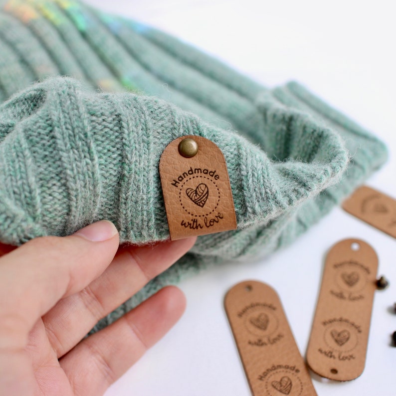 Handmade with love tags for knits and crochet with rivets 2.5x0.75 Set of 10 Cinnamon