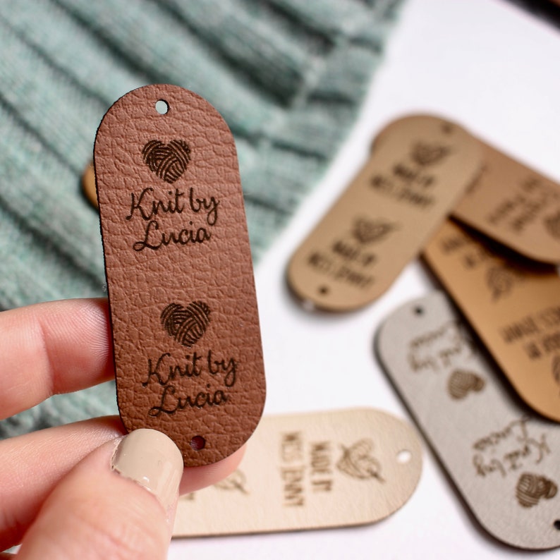 Tags for crochet 2.5x1 inches with rivet snaps personalized with custom logo or text for knits, crochet and handmade brands Chestnut