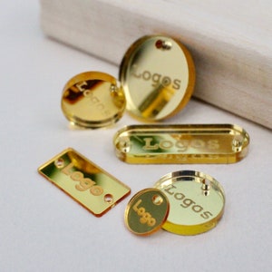 Gold tags with personalized logo - acrylic tags with custom text or name for accessories - set of 50 tags