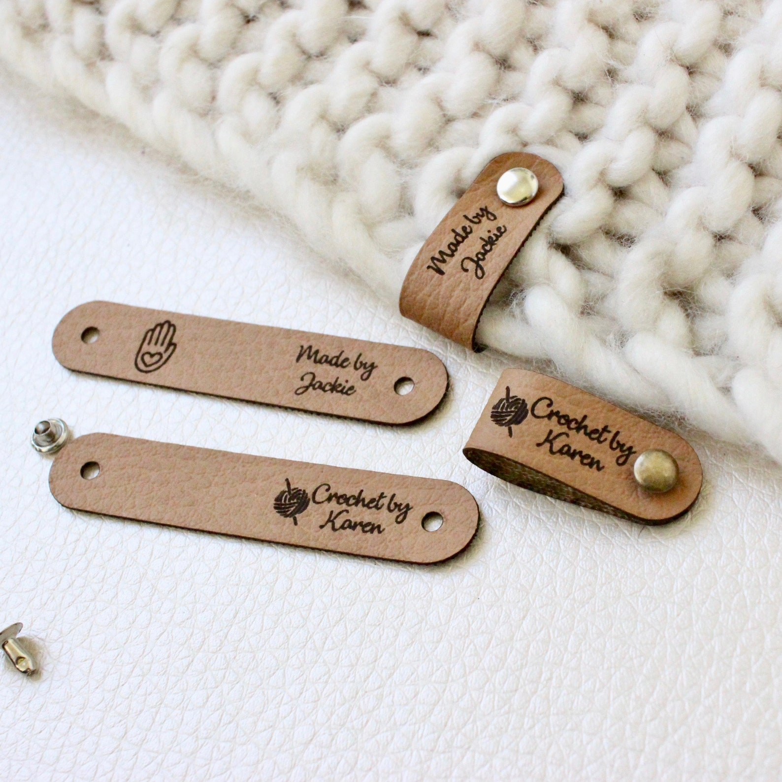 Personalized faux leather labels for knitted handmade or Etsy