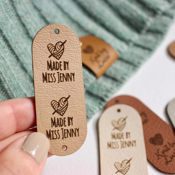  Customized 2 x 1 in Faux Leather Product Tags, SEW-ON  Personalized Tags for Knitting and Crochet, Rivets Cute Labels Handmade  Items (10 Labels) : Handmade Products