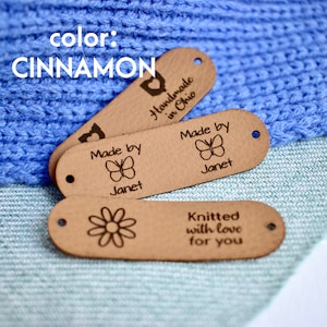 Custom tags for beanies and knits 2.5x0.8 inches with Rivet Snaps included Personalized with custom text and symbol or your logo Cinnamon