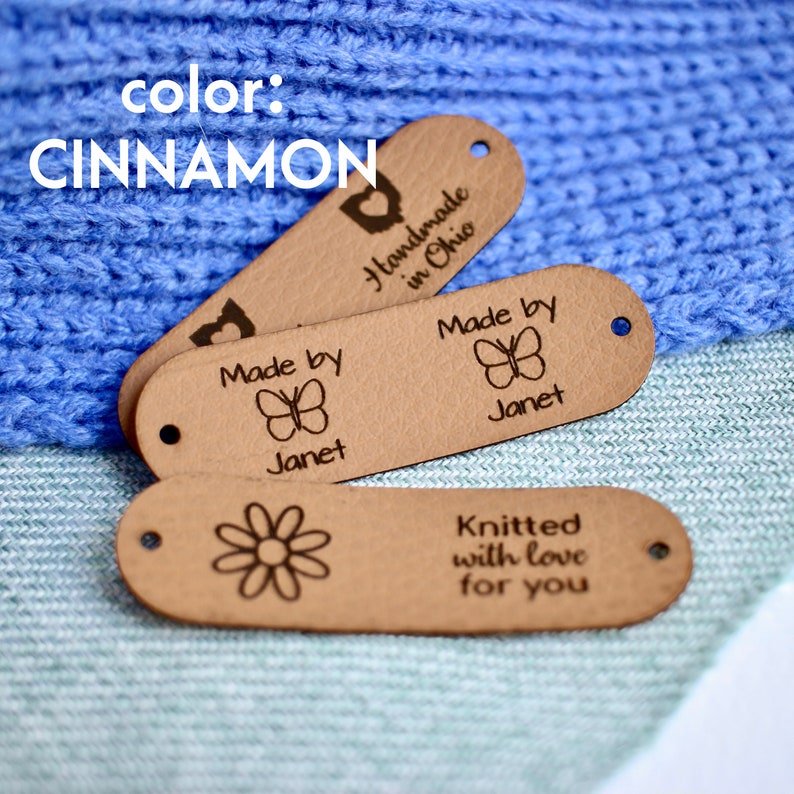 Custom tags for beanies and knits 2.5x0.8 inches with Rivet Snaps included Personalized with custom text and symbol or your logo image 6