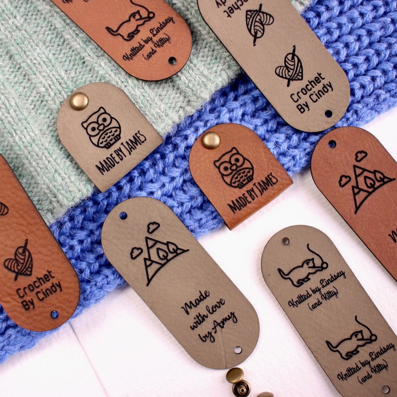Custom tags for knits 2.5x1 inches with Rivet Snaps Personalized with custom text and symbol image 1