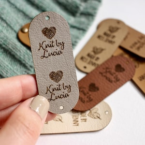 Tags for crochet 2.5x1 inches with rivet snaps personalized with custom logo or text for knits, crochet and handmade brands Gray