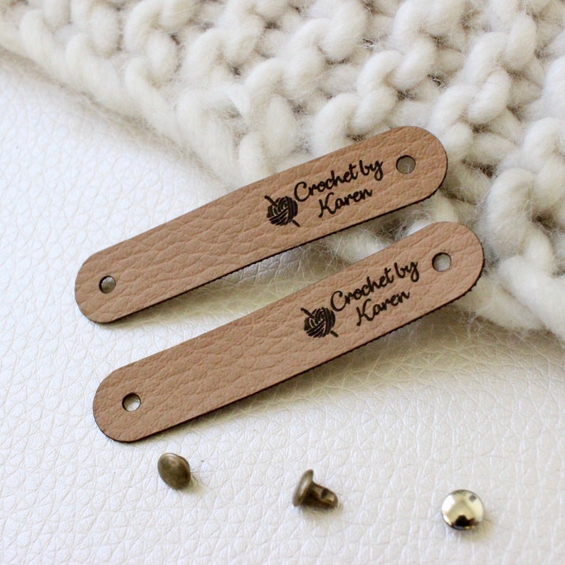 Custom tags for knits and crochet, faux leather labels for handmade items, leather tags with rivets, tags for knitted hats image 6