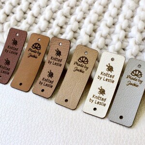 Personalized faux leather labels for knitted - set of 50 tags for handmade or crochet with custom name and snaps