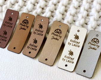 Personalized faux leather labels for knitted - set of 50 tags for handmade or crochet with custom name and snaps