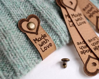 Faux Leather 'Made With Love' Labels - Cinnamon Finish, Rivets Included - Set of 10