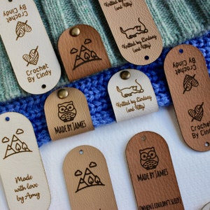 Custom tags for crochet and knits 2.5x1 inches with Rivet Snaps included Personalized with custom text and symbol or your logo image 1