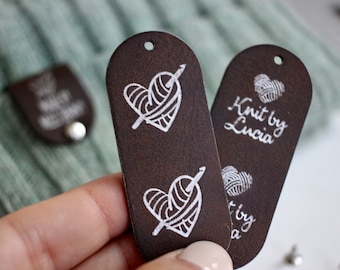 Custom brown and silver tags for handmade items, size 2.85x0.9 inches with rivets