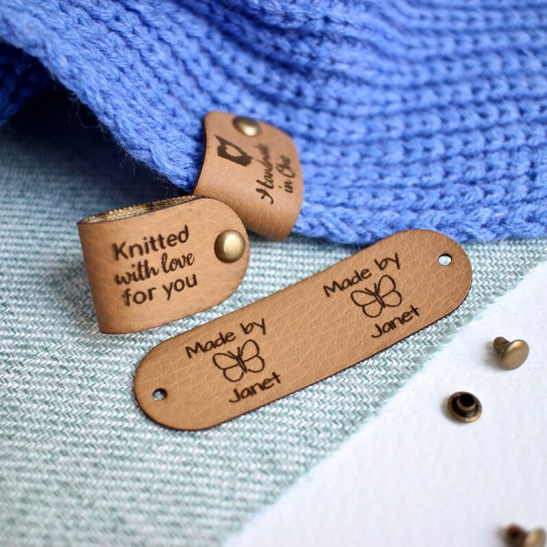 Custom tags for beanies and knits 2.5x0.8 inches with Rivet Snaps included Personalized with custom text and symbol or your logo image 8