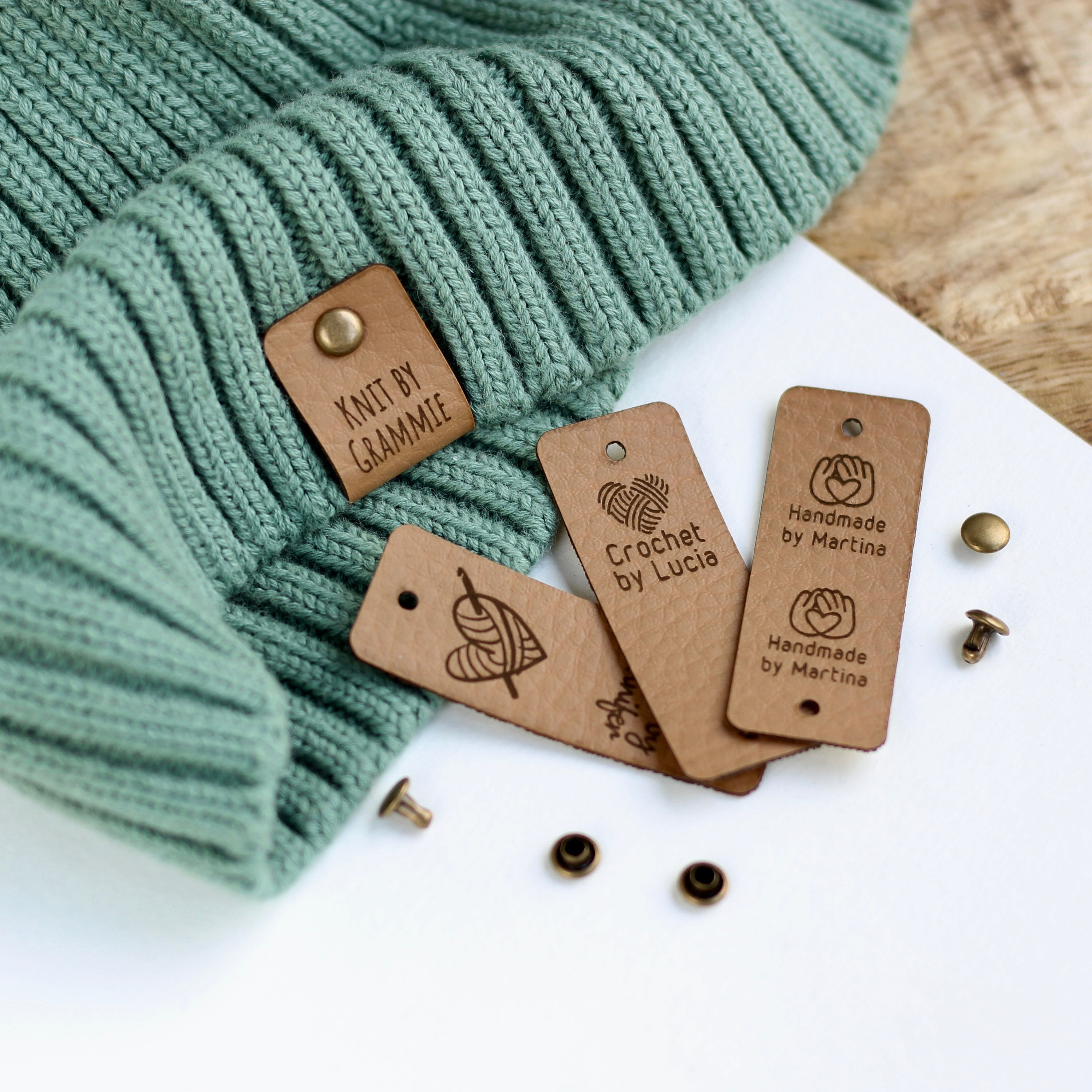 Custom Vegan Leather Knitting & Crochet Tags, Brown Color, Snap
