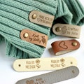Custom knitting tags - Set of Personalized faux leather labels for knitted, handmade or crochet with custom name and Snaps - Size 2.85x0.55" product logo