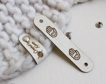 Personalized faux leather labels for knitted, handmade or crochet with custom name with rivets, gift for knitter, white labels