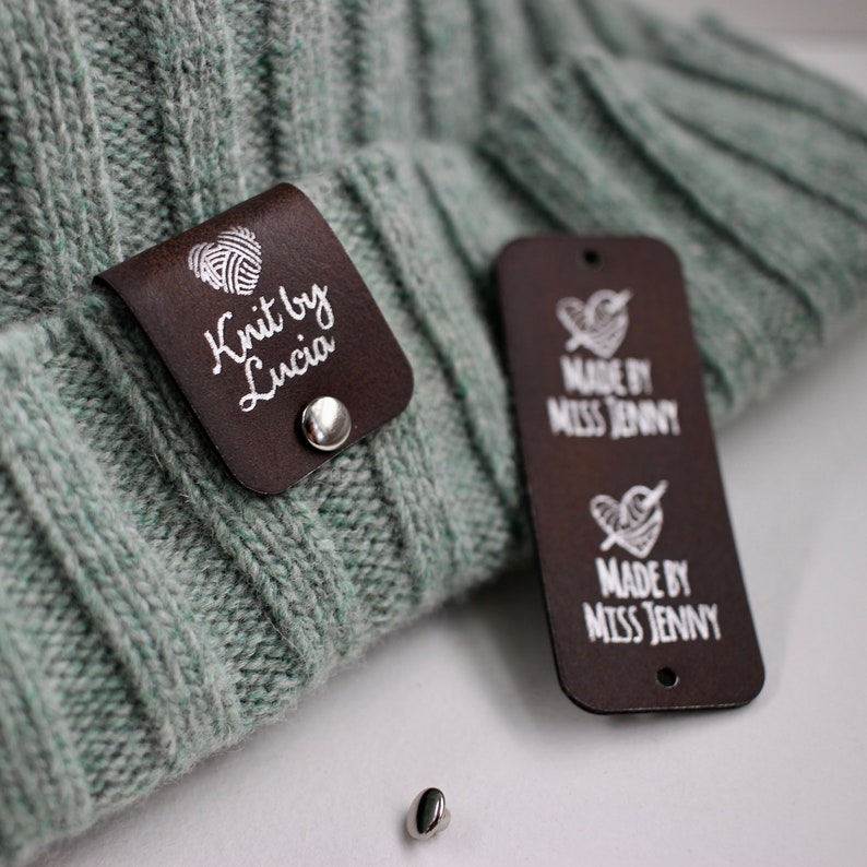 Personalized brown and silver tags for handmade items, size 2.5x1 inches with rivets for knits image 10