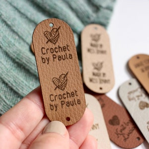 Tags for crochet 2.5x1 inches with rivet snaps personalized with custom logo or text for knits, crochet and handmade brands Cinnamon