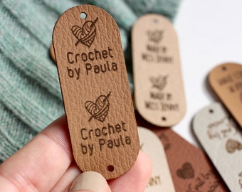 Tags for crochet - 2.5x1 inches with rivet snaps - personalized with custom logo or text for knits, crochet and handmade brands