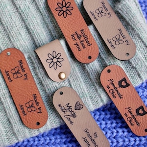 Custom tags for knits and crochet - 2.5x0.8 inches with Rivet Snaps - Personalized with custom text and symbol