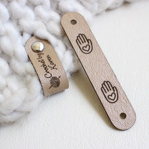 Custom knitting tags Set of Personalized faux leather labels for knitted, handmade or crochet with custom name with snaps Camel