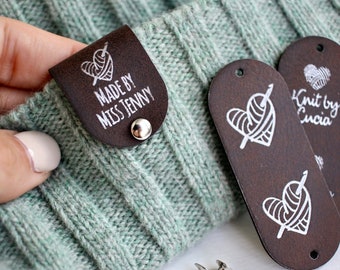 Custom brown and silver tags for handmade items, size 2.85x0.9 inches with rivets