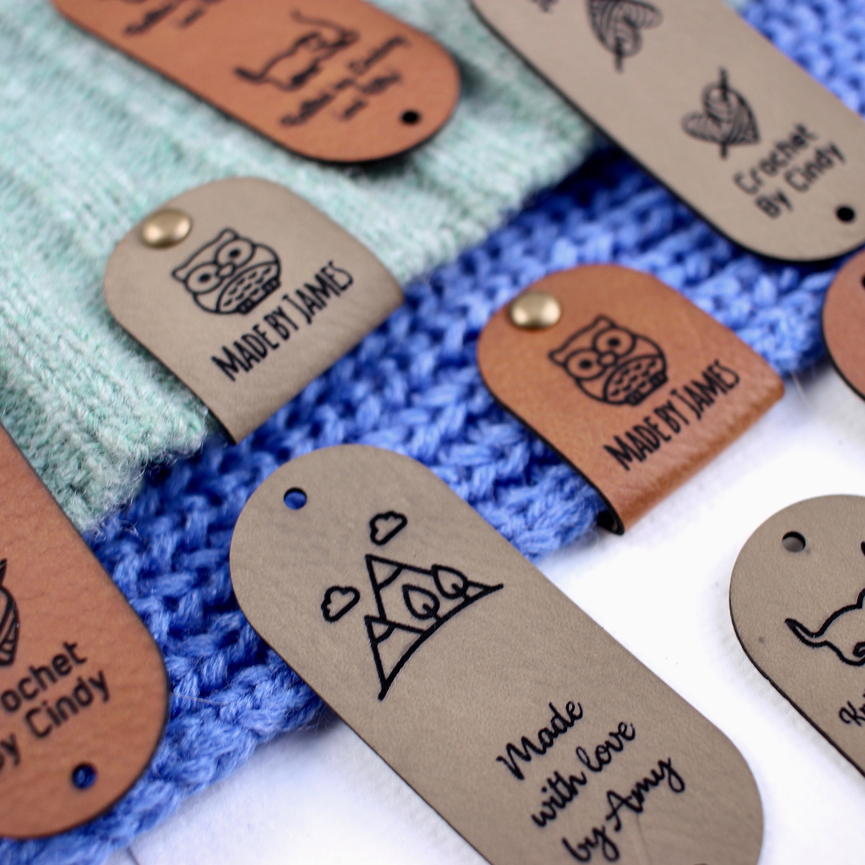 Custom Knitting Tags Set of Personalized Faux Leather Labels for Knitted,  Handmade or Crochet With Custom Name With Snaps 