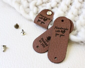 Etiquetas color castaño para punto, etiquetas para crochet con remaches, personalizadas con nombre, se pueden unir con remaches, gran regalo para tejedora