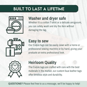 Op de afbeelding: Een afbeelding met drie pictogrammen die de kwaliteit van het product weergeven. Het eerste pictogram toont een wasmachine en een droger, het tweede pictogram toont een naaimachine en het derde pictogram toont een hart met een lint. De tekst "BUILT TO LAST A LIFETIME" staat bovenaan de afbeelding. De tekst "Washer and dryer safe" staat onder het eerste pictogram. De tekst "Easy to sew" staat onder het tweede pictogram. De tekst "Heirloom Quality" staat onder het derde pictogram. De tekst "QUESTIONS? Please feel free to us a message, we'll be happy to help!" staat onderaan de afbeelding.