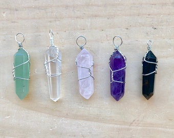 Wire Wrapped Crystal Point Pendant: Amethyst, Rose Quartz, Aventurine
