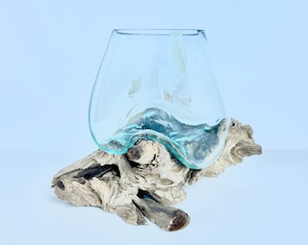 Molten Glass on Driftwood Base-Air Plant Terrarium-Fish Bowl-Eco Planter-Hand Blown Terrarium Glass-Driftwood Decor-Unique Gifts