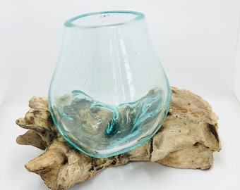 Molten Glass on Driftwood Base-Air Plant Terrarium-Fish Bowl-Eco Planter-Hand Blown Terrarium Glass-Driftwood Decor-Unique Gifts