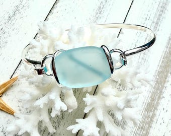Sterling Silver Coated Bangle Bracelet with Light Blue Sea Glass