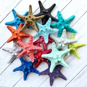 May include: A collection of 13 painted starfish in various colors, including teal, purple, red, orange, and silver. The starfish are arranged in a cluster on a white wooden surface.