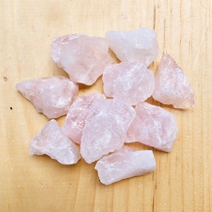 May include: A group of eight raw, unpolished rose quartz crystals in various sizes and shapes. The crystals are a pale pink color and have a translucent appearance.