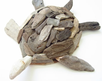 Handmade Driftwood Turtle Wall Decor, Nautical Beach Art