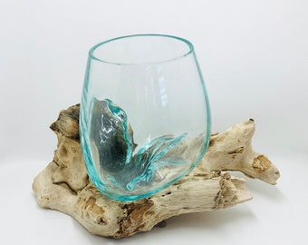 Molten Glass on Driftwood Base-Air Plant Terrarium-Fish Bowl-Eco Planter-Hand Blown Terrarium Glass-Driftwood Decor-Unique Gifts