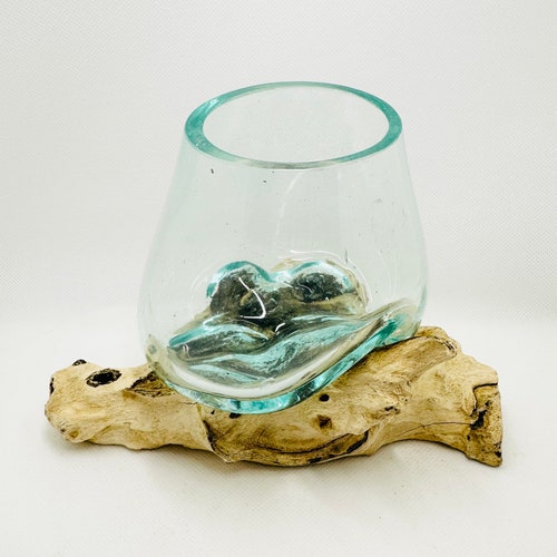 Molten Glass on Driftwood Base-Air Plant Terrarium-Fish Bowl-Eco Planter-Hand Blown Terrarium Glass-Driftwood Decor-Unique Gifts