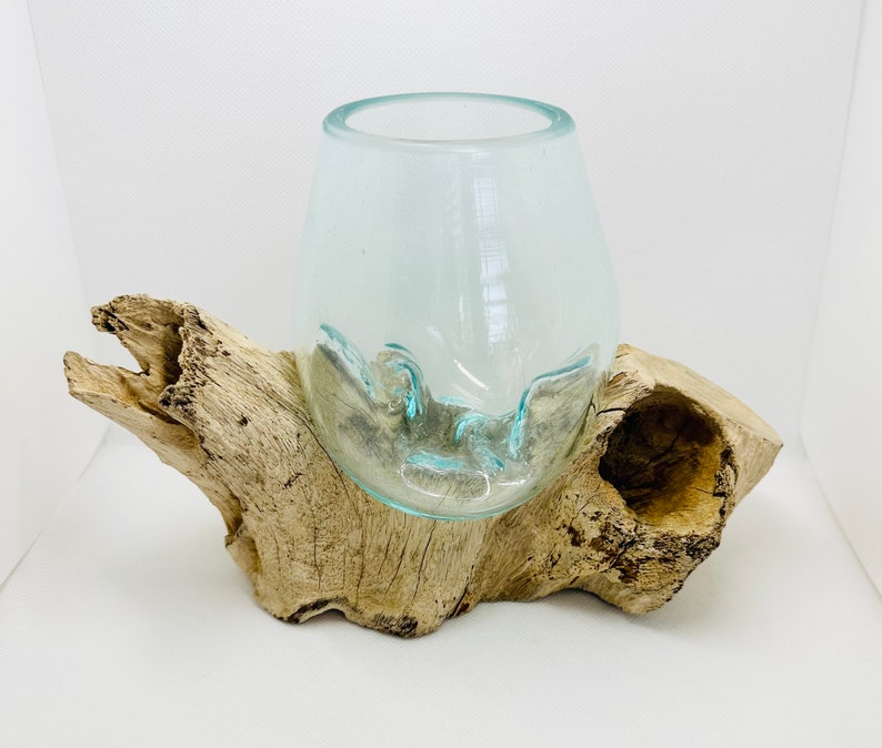 Molten Glass on Driftwood Base-Air Plant Terrarium-Fish Bowl-Eco Planter-Hand Blown Terrarium Glass-Driftwood Decor-Unique Gifts image 2