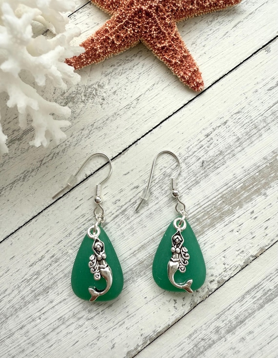 Sea Glass Mermaid Earrings: Silver Plated Charm, Beach Jewelry