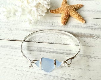 Lilac Sea Glass Bangle Bracelet: Sterling Silver Coated Boho Jewelry