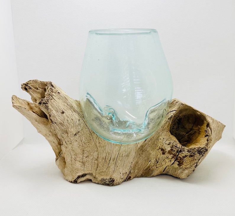 Molten Glass on Driftwood Base-Air Plant Terrarium-Fish Bowl-Eco Planter-Hand Blown Terrarium Glass-Driftwood Decor-Unique Gifts image 3