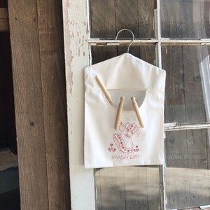 Redwork Laundry, Washday Canvas Clothespin Bag, Clothespin Holder, Chevron Laundry Line Bag, Clothespin Storage