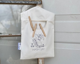 Wash Day Clothespin Holder, Embroidered Laundry Room Accessory, Wash Room Clothespin Bag