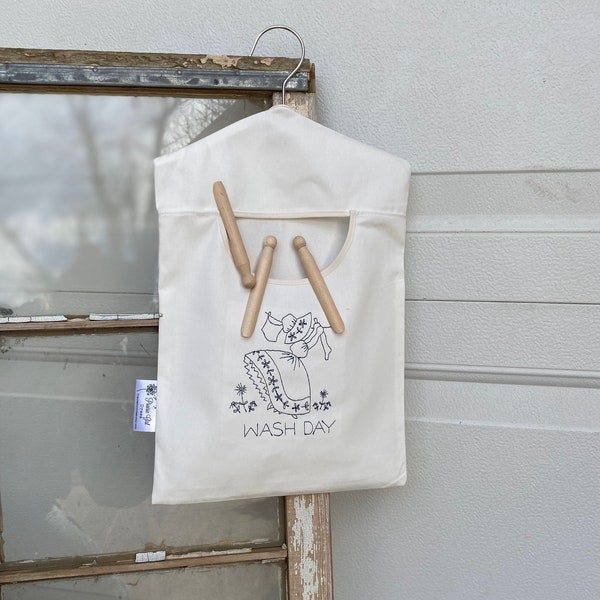 Wash Day Clothespin Holder, Embroidered Laundry Room Accessory, Wash Room Clothespin Bag
