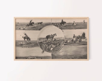 samsung frame tv art | old west cowboys and horses | desert landscape | vintage drawing | neutral farmhouse southwestern decor | desert boho