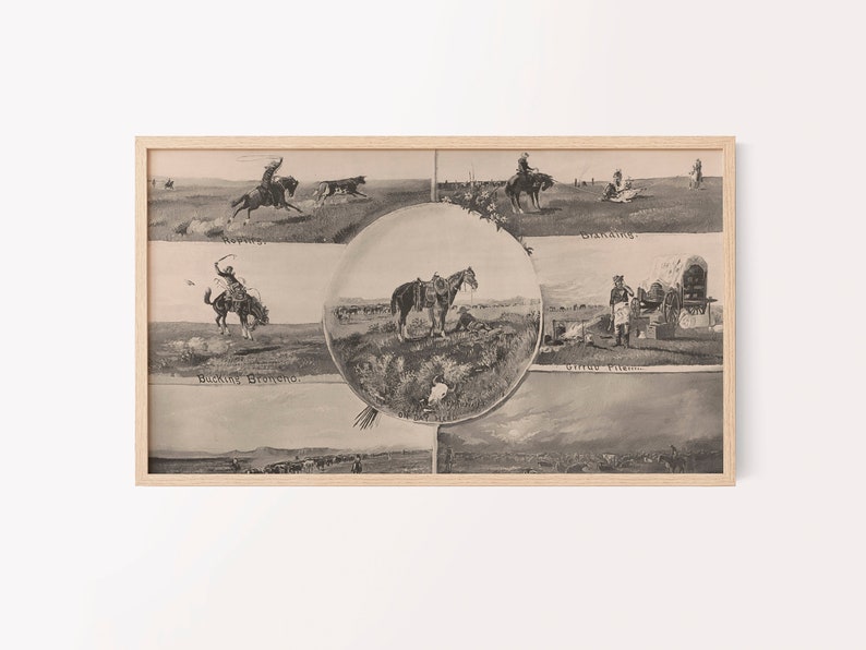 samsung frame tv art old west cowboys and horses desert landscape vintage drawing neutral farmhouse southwestern decor desert boho image 1