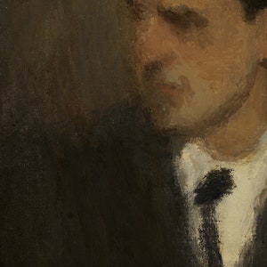 May include: Close-up of a man's face, with a dark brown background. He is wearing a white shirt with a black tie. The image is painted in a realistic style.