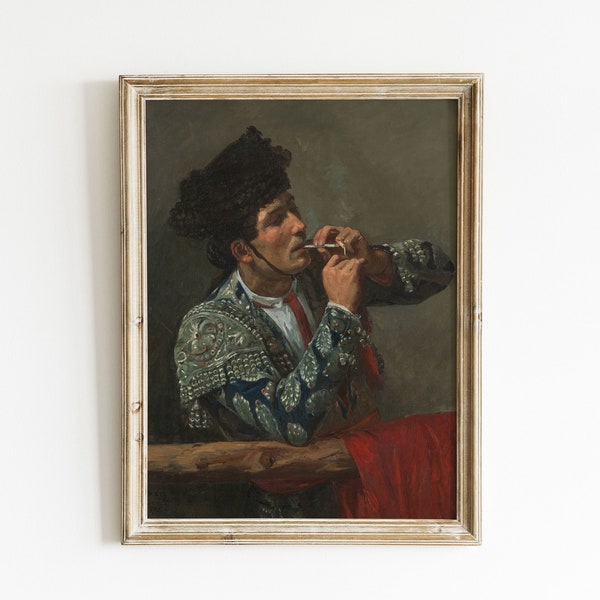 torero fumant | peinture à l'huile d'époque | art des cavernes | décor de bureau masculin | portrait d'époque