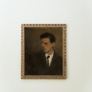 May include: A framed portrait of a man in a dark suit and tie. The painting is in a gold frame with an ornate design.